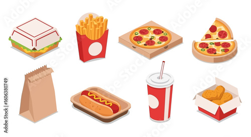 Fast Food Isometric Icons with Meal Set, and White.