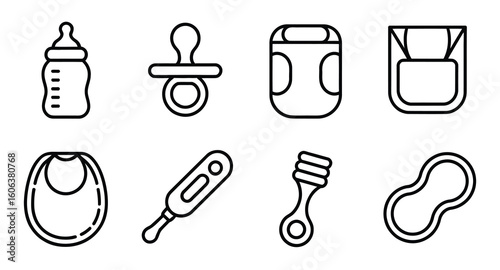 Baby Essentials Line Icon Set - Bottle, Pacifier, Diaper, Bib, Thermometer, Rattle - Ideal for Newborn Care and Infant Product Designs - Vector