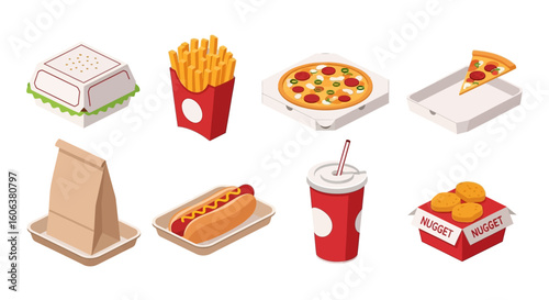 Isometric fast food icons on white.