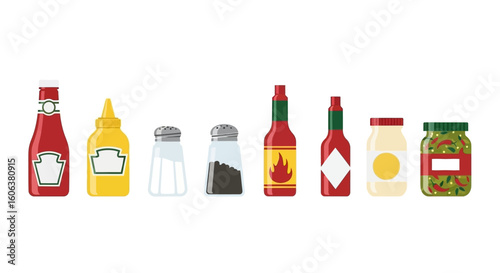 Condiments Flat Lay Table Sauce Assortment Vector.