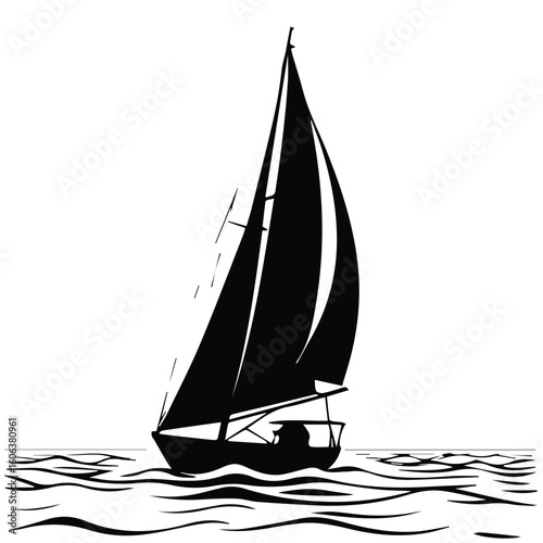 Sailboat silhouette sailing on wavy water. Silhouette of a sailboat moving on water, showcasing the vessel's design and maritime theme.