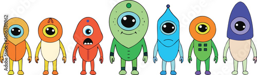 Vector art of a diverse group of seven colorful cartoon monsters with unique features and expressions isolated on transparent background.