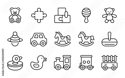 Children's Toys and Playthings Icon Set - Featuring Teddy Bear, Puzzle, Rattle, Stacker, Car, Rocking Horse, Duck, Train - Perfect for Kids and Childhood Designs - Vector