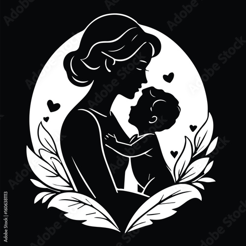 Mother and child silhouette with affectionate embrace in floral frame. Silhouette of a loving mother holding her child close, set against a circular background of decorative leaves.
