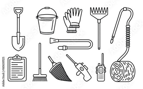 Farming and Gardening Tool Icon Set - Shovel, Bucket, Gloves, Rake, Sprayer, Broom, Net - Perfect for Agriculture and Horticulture Designs - Vector