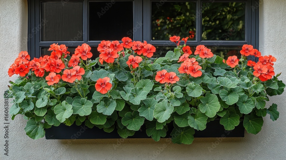 Fototapeta premium Bright orange flowers fill a window box