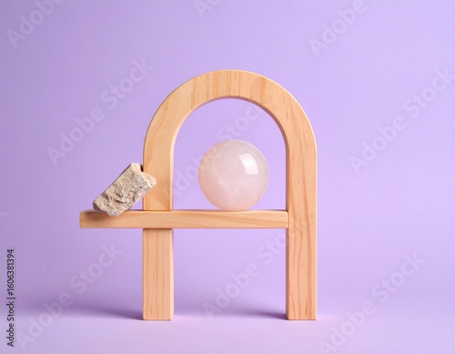 Minimalist still life with a wooden arch, a clear sphere, and a seashell.