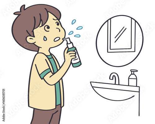 Boy using mouthwash in bathroom, for oral hygiene instruction
