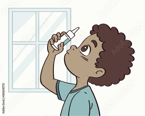 Boy using eye drops near window, for health care illustrations