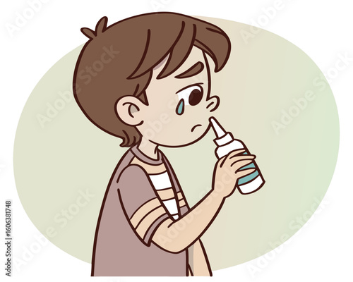 Sad boy using nasal spray, illustration