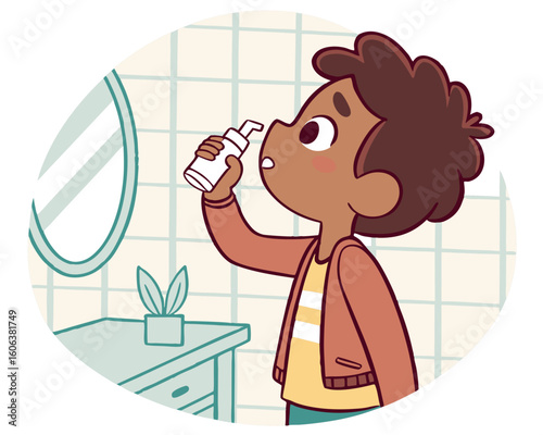 Boy using nasal spray in bathroom, for healthcare education