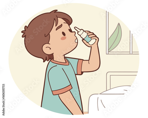 Child using nasal spray, in bedroom, for healthcare illustrations