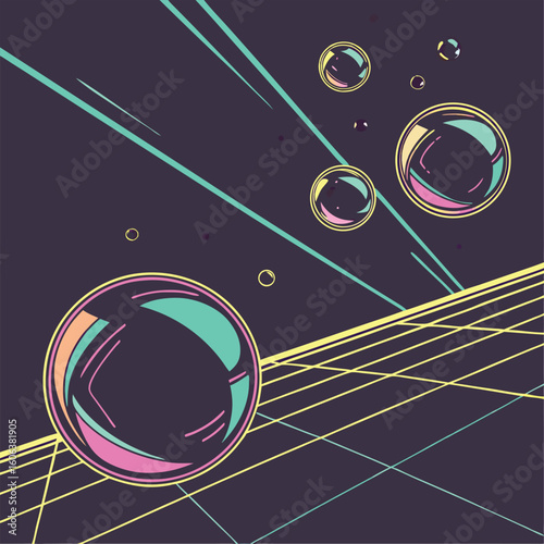 Abstract composition featuring geometric bubbles with vivid colors and retro style on a dark background for creative design projects
