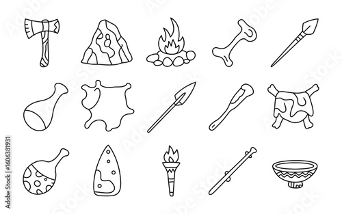 Prehistoric and Stone Age Elements Vector Set - Primitive Tools, Caveman Life, and Ancient Icons