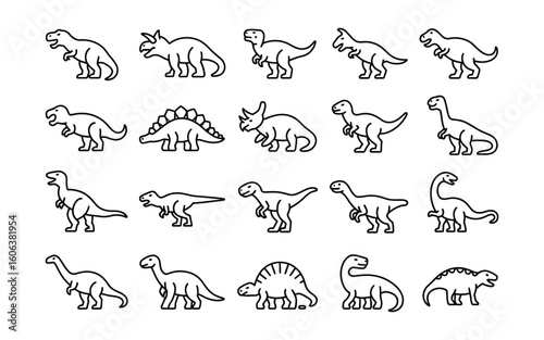 Prehistoric Dinosaurs Icons - T-Rex, Triceratops, Stegosaurus, Brontosaurus, and Various Extinct Reptile Vectors