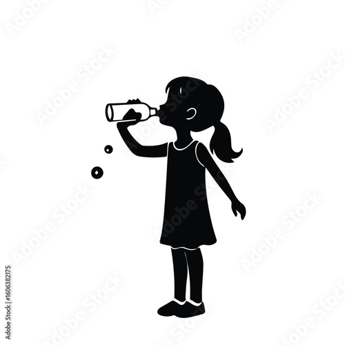 Young girl drinking from a bottle in a simple dress. Silhouette of a child drinking from a bottle against a plain background. Girl drinking a beverage. Silhouette illustration.
