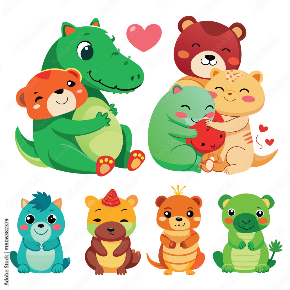 Obraz premium Funny cartoon animal vector character collection with cute baby alien, pig, frog, cat, bear, and panda for children's art and safari illustrations
