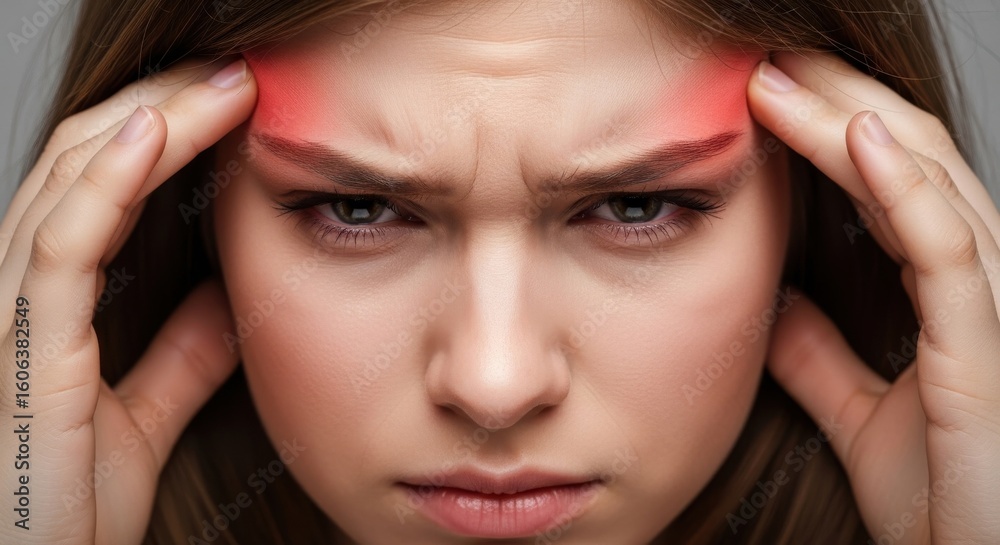 Obraz premium Young Woman Suffering from Severe Headache and Migraine with Red Highlight on Temples
