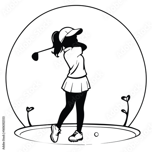 Young female golfer in athletic attire swinging a golf club on a golf course. Silhouette of a girl golfer in action on a golf green. Female amateur golfer on a golf course -