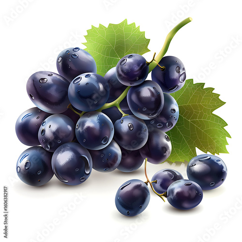 Fresh Blue Grapes with Green Leaves Isolated on White Background