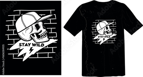Stay Wild Skull with Cap on Brick Wall - Urban Streetwear Graphic