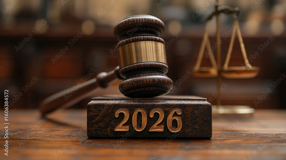 Fototapeta Wooden judge gavel with engraved 2026 on wooden stand as symbol of justice, law and legal system, representing court decisions, legal trends and justice concepts for New Year 2026 banner