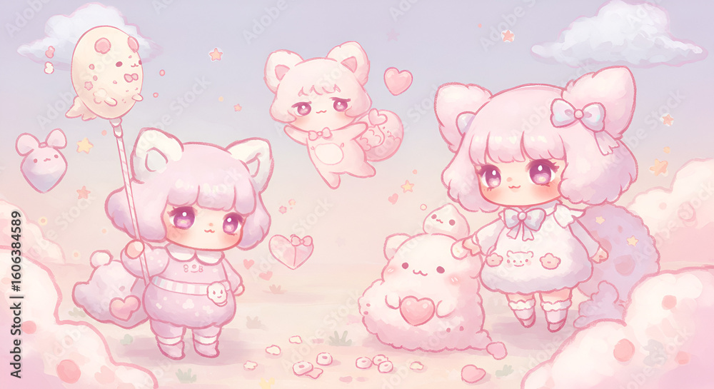 Obraz premium Cute pastel characters in a whimsical landscape