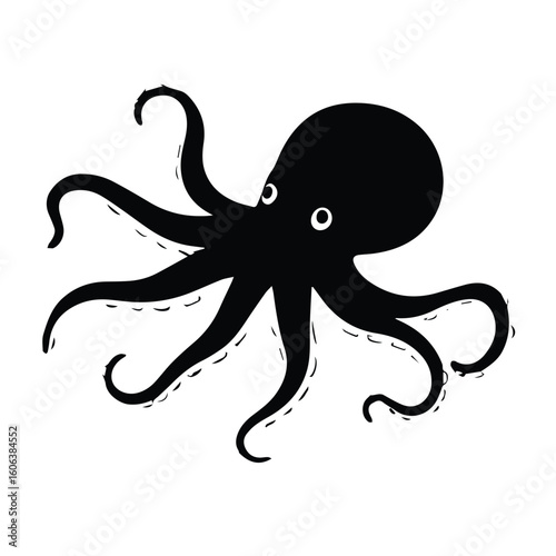 Black and white illustration of an octopus in a simple, stylized design. Silhouette of a playful octopus with dotted outlines, positioned against a white background.