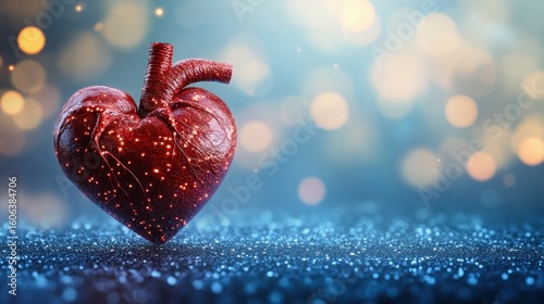3D heart, anatomical, glowing red vessels