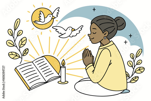 A woman in prayer with open book sunlight dove and candle illustration represents faith spirituality and religious belief