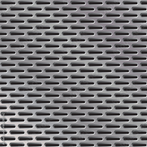 Seamless metallic vent pattern with rounded rectangular perforations. Ideal for industrial, tech, or mechanical-themed backgrounds and textures.
