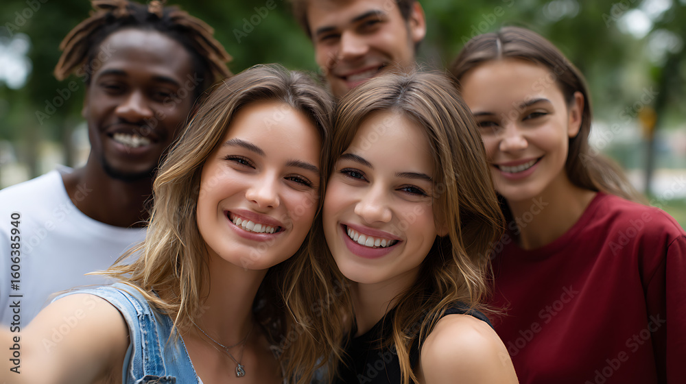Fototapeta premium Smiling Diverse Group of Young Adults Taking a Selfie Outdoors