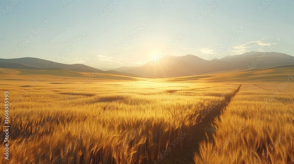 Obraz premium On the summer solstice, the gentle yet intense sunlight bathes the ripe wheat fields