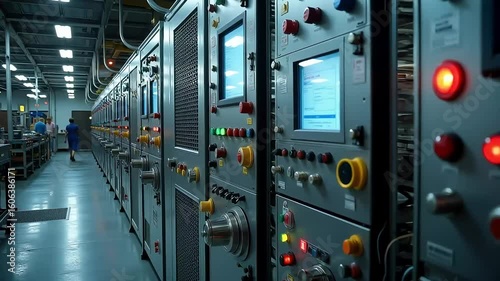 Manufacturing control panel with blinking lights monitors industrial production dynamically