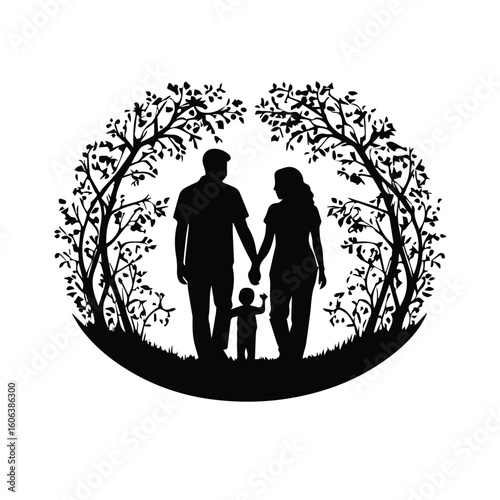 Silhouette of a family with a child walking in a park-like setting. Happy family unit enjoying a scenic stroll outdoors.