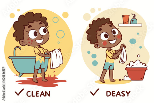 Adorable illustration presenting two contrasting scenes of a young boy highlighting hygiene practices before and after bath time.
