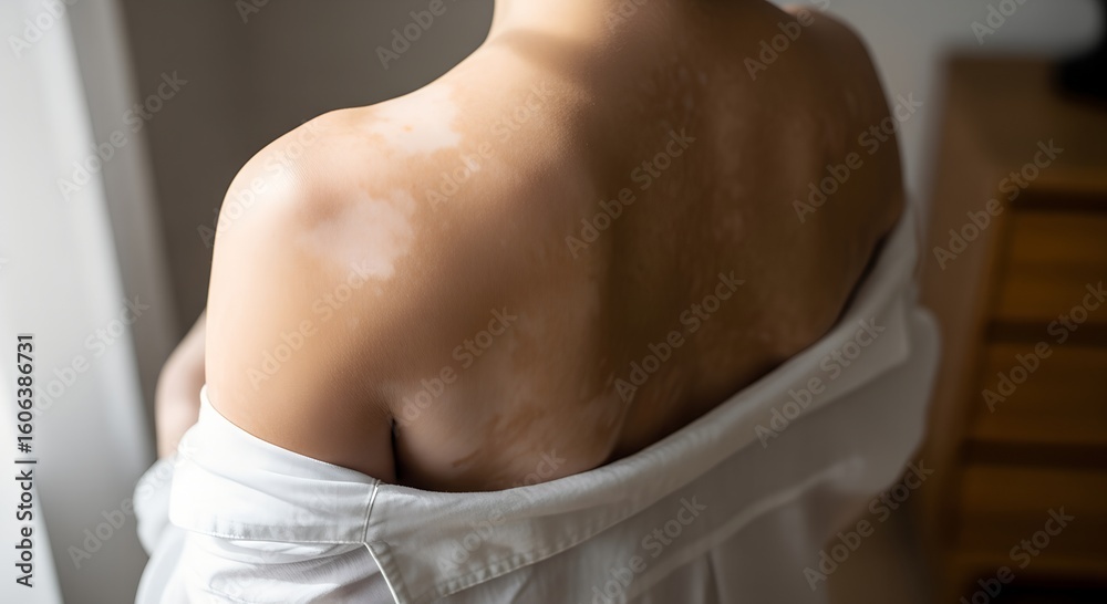 Fototapeta premium Young woman showing her bare back while wearing a white shirt