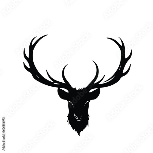 Black and white deer silhouette with large antlers in a neutral background. Simple graphic image of a deer head and antlers in a minimalist design.