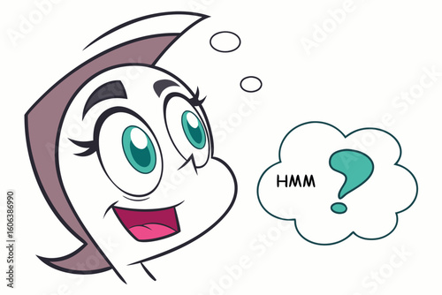Cartoon character head with expression of questioning featuring a thought bubble with question mark indicating a moment of thinking