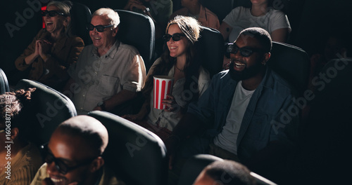 Happy, watching film and people with 3D glasses, cinema and entertainment with popcorn. Crowd, eyewear and group with augmented vision, comedy movie and spectator with illusion, snack and theatre
