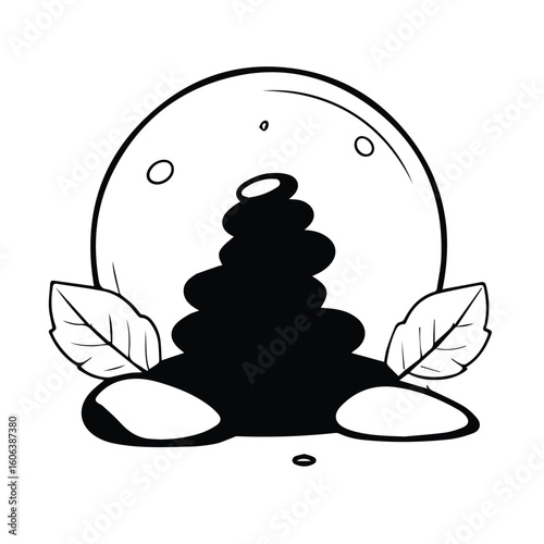 Zen garden stones with leaves in a spa setting. Stacked stones with natural leaves in a spa/wellness environment. Spa treatment professional. wellness center -