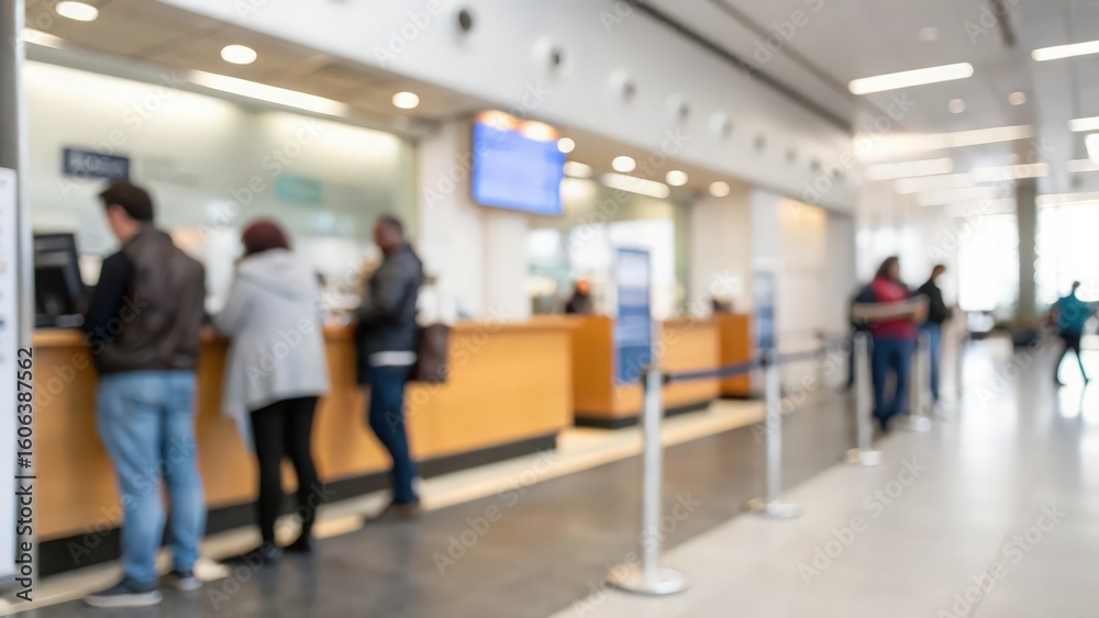 Fototapeta premium Blurred Banking Hall – Customers Waiting in Line at Counter Area 