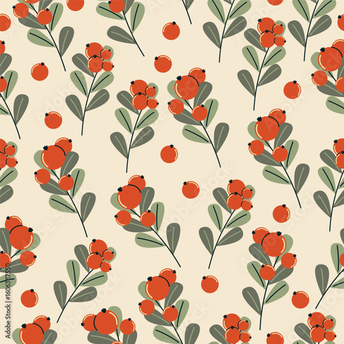Flat vector illustration of autumn pattern. Seamless pattern with orange berries and leaves. Autumn.