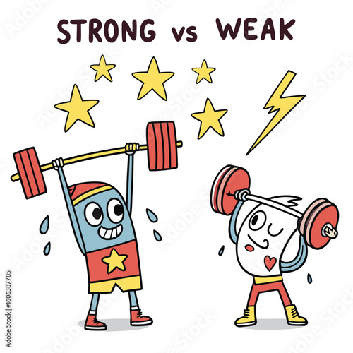 Cartoon illustration comparing strong and weak characters lifting weights with different outcomes showing strength, power and weakness through expression.