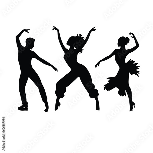 Dancing silhouettes of diverse people in energetic poses. Silhouette of three people engaged in various dance moves on a white background.