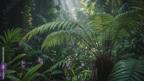 Verdant jungle foliage with delicate purple orchids rainforest lush fern