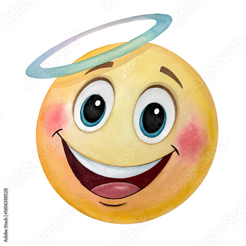 Watercolor Angel Emoji with Halo Smiling Cheerfully on Transparent Background