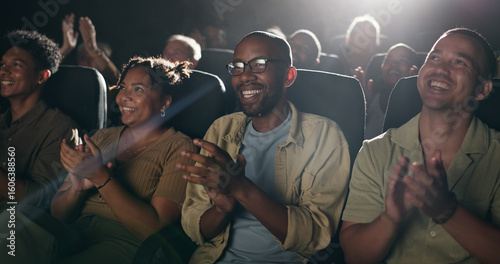Bild auf Leinwand Audience, movie or happy with clapping in cinema for premiere success, entertainment or appreciation