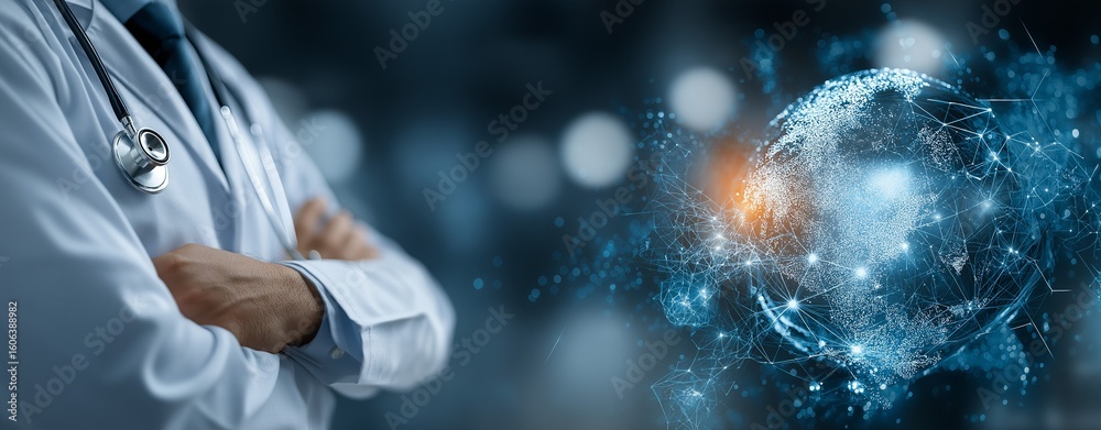 Fototapeta premium Global Healthcare Innovation Concept Featuring a Doctor with Folded Arms, Digital Medical Technology Interface, and Futuristic World Map Highlighting Medical Advancements and AI Integration in Modern 