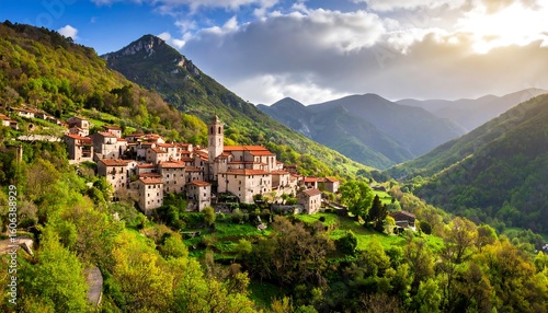 Picturesque mountain village nestled in valley